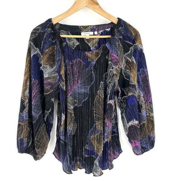 Chicos Top Size 0 Women Small Black 3/4 Drama Sleeve Shimmery Crinkle Tee Blouse - Picture 1 of 8